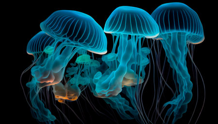 Glowing sea jellyfishes on dark background. Generator AIの素材