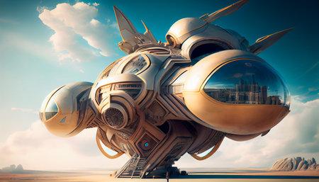 Futuristic technology concept, spaceship in the desert. Generative AIの素材