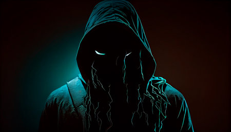 Ghost hacker criminal scary hood anonymous creepy devil danger silhouette shadow black face fear horror night character symbol identity hooligan unknow happy halloween cyber copy space. Generative AI technologyの素材