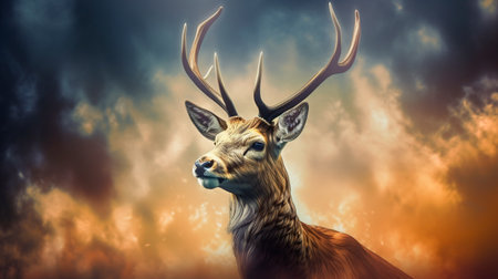 Golden deer in the sky illustration. opulent digital paintings of abstract art for wallpaper. Generative AI illustrationの素材