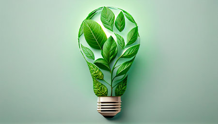 Green eco friendly lightbulb from fresh leaves top view, concept of Renewable Energy and Sustainable Living. Generative AIの素材