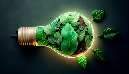 Green eco friendly lightbulb from fresh leaves top view, concept of Renewable Energy and Sustainable Living. Generative AIの素材