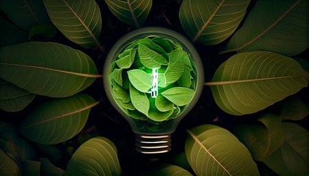 Green eco friendly light bulb from fresh leaves top view, concept of Renewable Energy and Sustainable Living. Generative AI technologyの素材