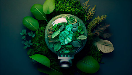 Green eco friendly lightbulb from fresh leaves top view, concept of Renewable Energy and Sustainable Living. Generative AIの素材