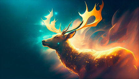 Golden deer in the sky illustration. opulent digital paintings of abstract art for wallpaper. Generative AI illustrationの素材