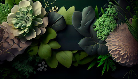 Green Floral Wallpaper to Celebrate International Woman's Day. Elegant Botanical Design with Number 8, Flowers and copy-space . Generative AI.の素材
