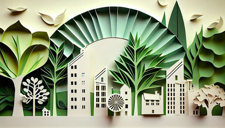 Green leaf image in the paper art style with trees, city building silhouettes, windmills, and solar panels. the conservation of ecology. a green energy idea. Generative Ai technologyの素材