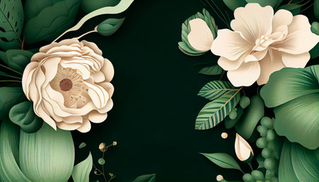 Green Floral Wallpaper to Celebrate International Woman's Day. Elegant Botanical Design with Number 8, Flowers and copy-space . Generative AI.の素材