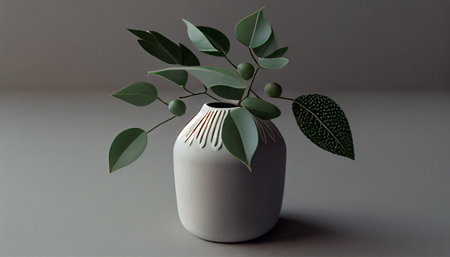 Green Plant Leave In a Ceramic Vase on White Table. Generative Ai technologyの素材