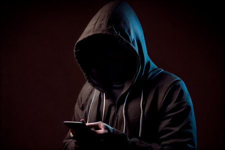 Hacker in a hood holds a phone in his hand. Generative AIの素材