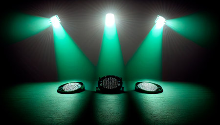 Green spotlights shine on stage floor in dark room, idea for background, backdrop, mockup. AI generativeの素材