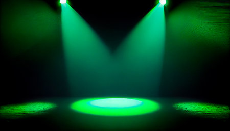 Green spotlights shine on stage floor in dark room, idea for background, backdrop, mockup. AI generativeの素材