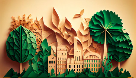 Green leaf image in the paper art style with trees, city building silhouettes, windmills, and solar panels. the conservation of ecology. a green energy idea. Generative Ai technologyの素材