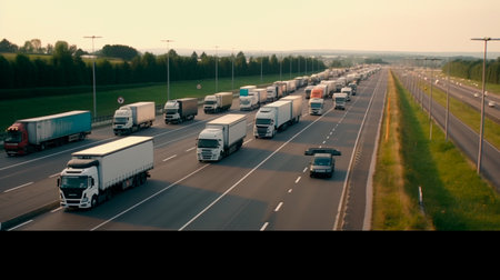 Truck drivers strike - trucks block the highway. Generative AI illustratorの素材