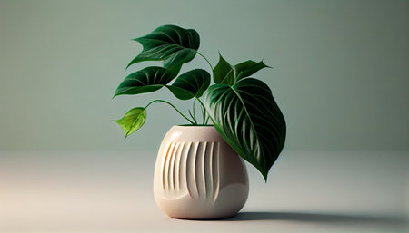 Green Plant Leave In a Ceramic Vase on White Table. Generative Ai technologyの素材