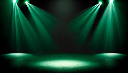Green spotlights shine on stage floor in dark room, idea for background, backdrop, mockup. AI generativeの素材