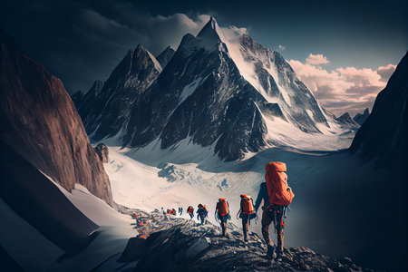 Group of mountaineers. Multiple high alpine climbers in front of a gigantic mountain. Designed using. Generative AIの素材