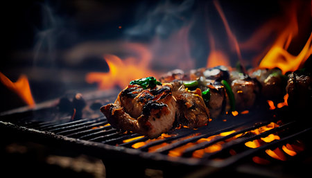 Grilling Chicken meat shashlik on metal skewers. Generative AIの素材