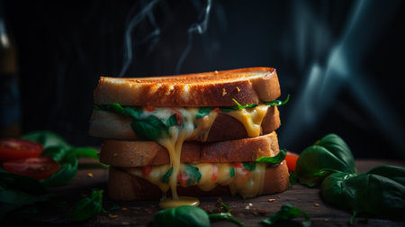Grilled Cheese Sandwich with Tomato and Basil. Generative AI illustratorの素材