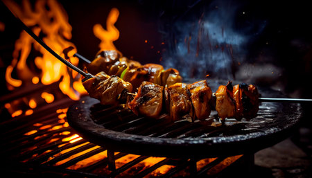 Grilling Chicken meat shashlik on metal skewers. Generative AIの素材