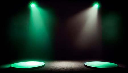 Green spotlights shine on stage floor in dark room, idea for background, backdrop, mockup. AI generativeの素材