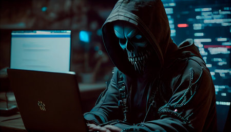 Hooded Hacker in front of a computer, cyberwar. Generative AI technologyの素材