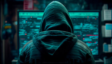 Hooded Hacker in front of a computer, cyberwar. Generative AI technologyの素材