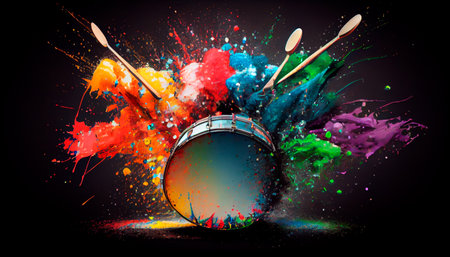 Guitars and drums with rainbow paint energetic explosion. Generative Ai technologyの素材