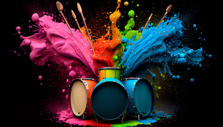 Guitars and drums with rainbow paint energetic explosion. Generative Ai technologyの素材
