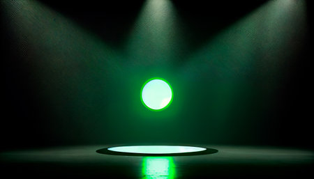 Green spotlights shine on stage floor in dark room, idea for background, backdrop, mockup. AI generativeの素材