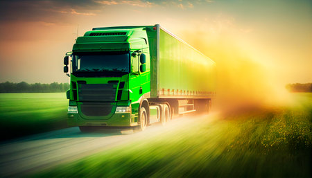 Green transport truck driving through a blurred green meadow at sunrise. Generative AIの素材