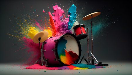 Guitars and drums with rainbow paint energetic explosion. Generative Ai technologyの素材