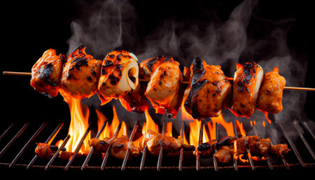 Grilling Chicken meat shashlik on metal skewers. Generative AIの素材