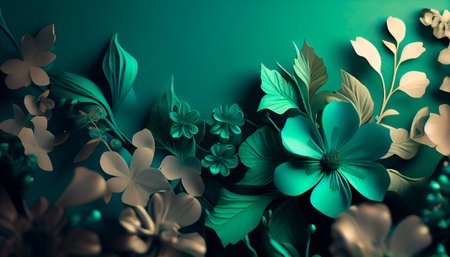 Green Floral Wallpaper to Celebrate International Woman's Day. Elegant Botanical Design with Number 8, Flowers and copy-space . Generative AI.の素材