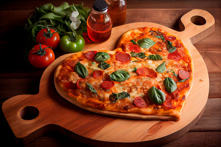 Ð eart shaped pizza on a wooden board. Generative aiの素材