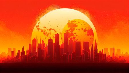 Heatwave over a city, bright sun, global warming, urban heat island. Generative AI technologyの素材