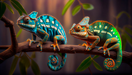 Here we see a pair of chameleons perched on a limb. color-changing chameleon in Zanzibar. Generative AIの素材