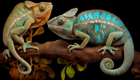Here we see a pair of chameleons perched on a limb. color-changing chameleon in Zanzibar. Generative AIの素材