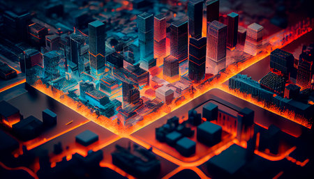 High tech data network color grids over miniature cityscape with cinematic coloring. Generative AI illustrationの素材