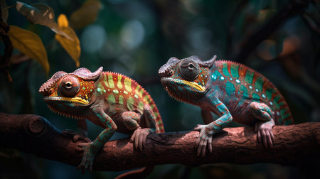 Here we see a pair of chameleons perched on a limb. color-changing chameleon in Zanzibar. Generative AI illustratorの素材