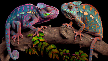 Here we see a pair of chameleons perched on a limb. color-changing chameleon in Zanzibar. Generative AIの素材