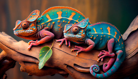 Here we see a pair of chameleons perched on a limb. color-changing chameleon in Zanzibar. Generative AIの素材