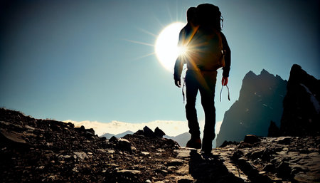 Man standing on top of a mountain with a backpack on his back and a sunset in the background behind him, with a red sky and orange clouds and a red hued. Generative AI technologyの素材