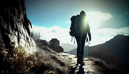 Man standing on top of a mountain with a backpack on his back and a sunset in the background behind him, with a red sky and orange clouds and a red hued. AI generativeの素材
