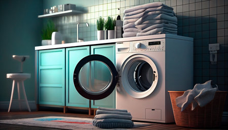 Home laundry room furniture with modern washing machine. Generative AI illustratorの素材