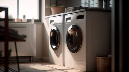 Home laundry room furniture with modern washing machine. Generative AI illustratorの素材