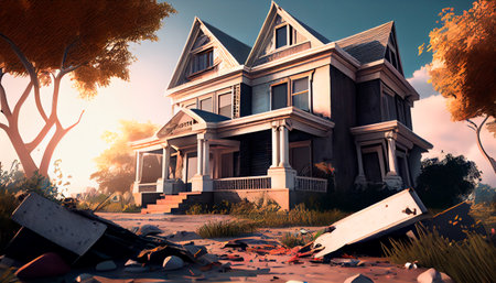 Housing market crash, broken house. Generative AI technologyの素材