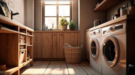 Home laundry room furniture with modern washing machine. Generative AI illustratorの素材