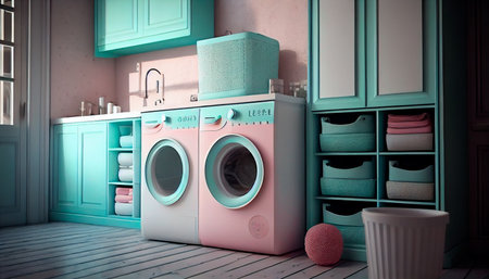 Home laundry room furniture with modern washing machine. Generative AI illustratorの素材