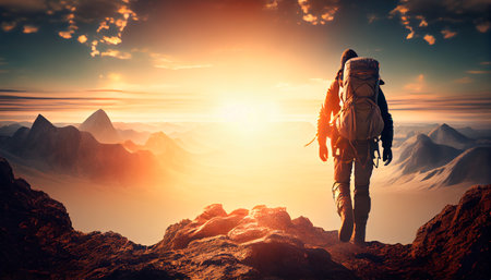 Man standing on top of a mountain with a backpack on his back and a sunset in the background behind him, with a red sky and orange clouds and a red hued. Generative AI technologyの素材